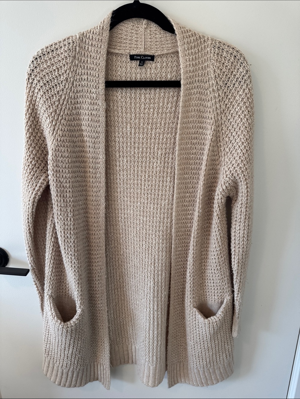 Pink Clover Open-Front Beige Knit Cardigan